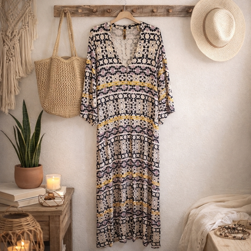 Rachel Pally Boho Maxi Dress Geometric Print 3/4 Sleeve S